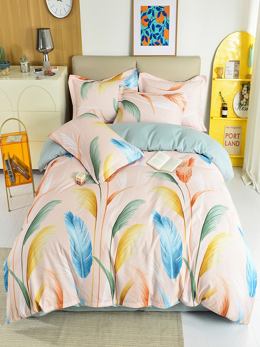 

JC Collection Peach Colored & Blue Printed Double King Bedding Set