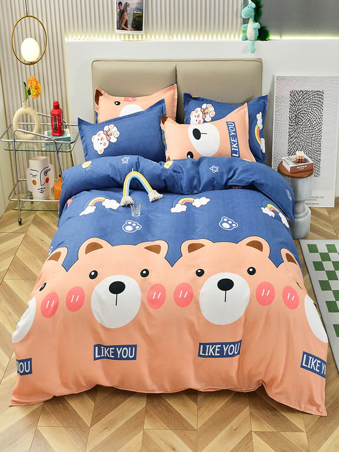 

JC HOME Blue & Peach-Coloured 4-Pcs Printed Double King Bedding Set