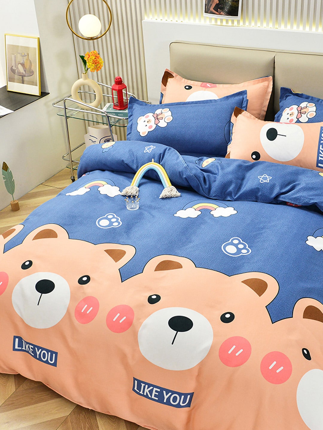 

JC Collection Peach Colored & Blue Printed Single Bedding Set