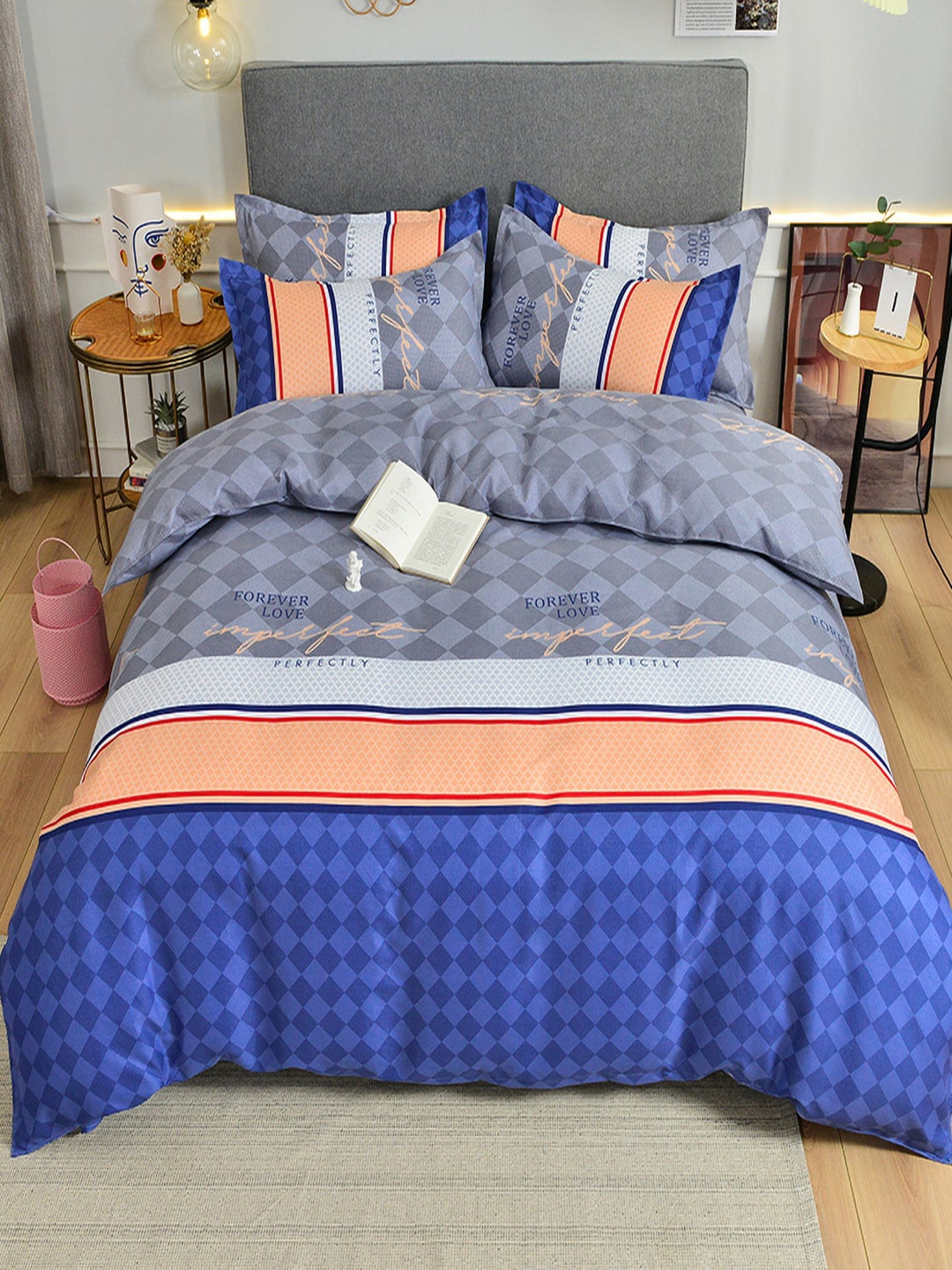 

JC Collection Blue & Grey Printed Double King Bedding Set