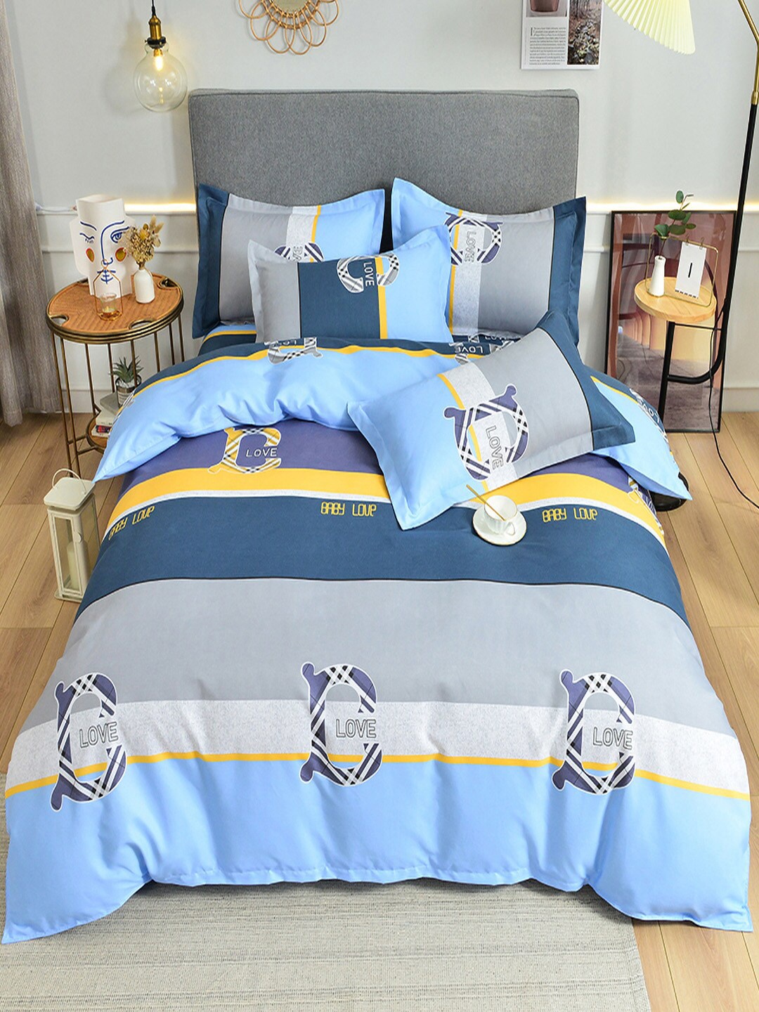 

JC HOME Blue Grey Printed Double Queen Bedding Set