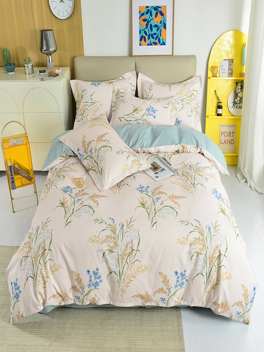 

JC Collection Blue & Peach Colored Floral Printed Double King Bedding Set