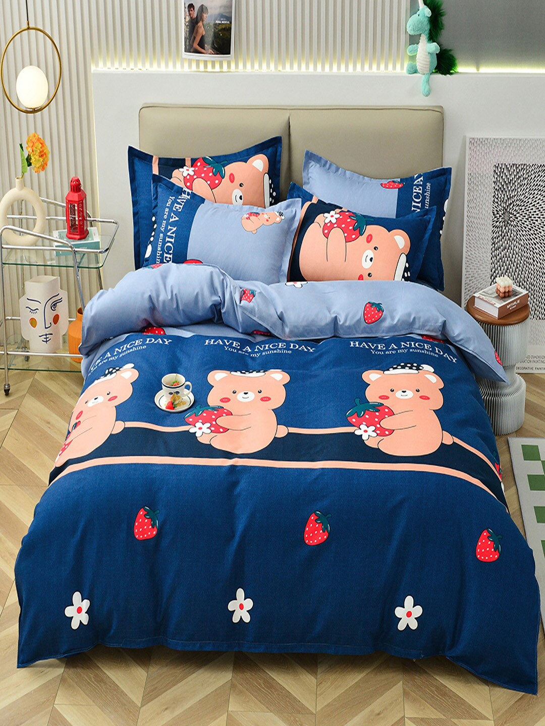 

JC HOME 4-Pcs Blue & Pink Printed Double XL Bedding Set
