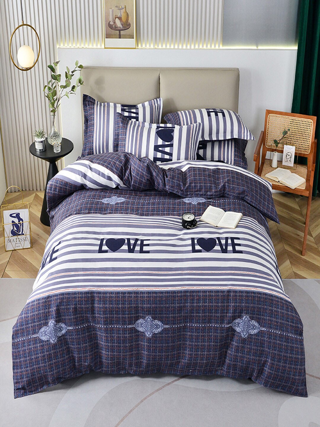 

JC HOME Blue Printed Double King Bedding Set