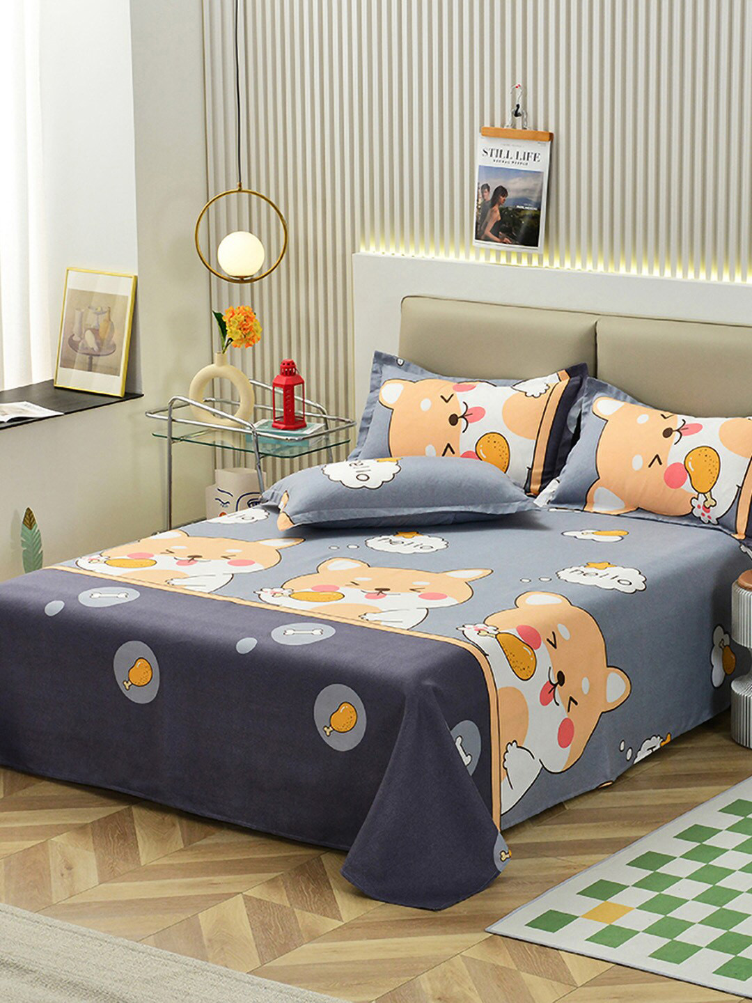 

JC Collection Grey & White Printed Double King Bedding Set