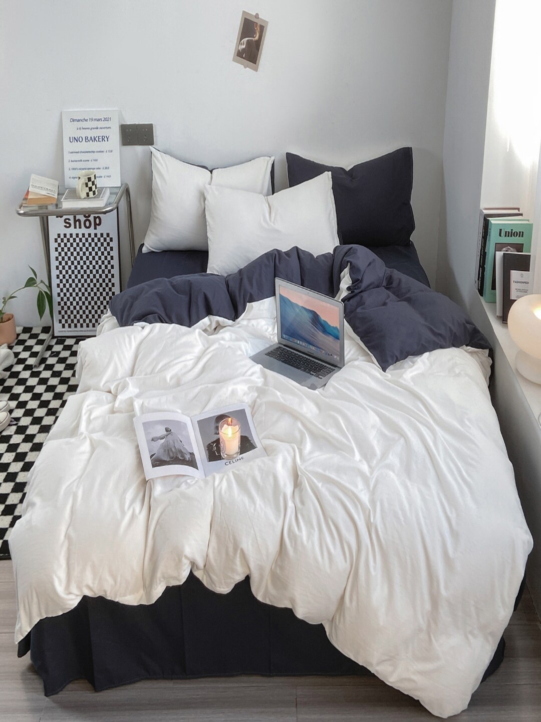 

JC HOME Navy Blue & White Single Bedding Set