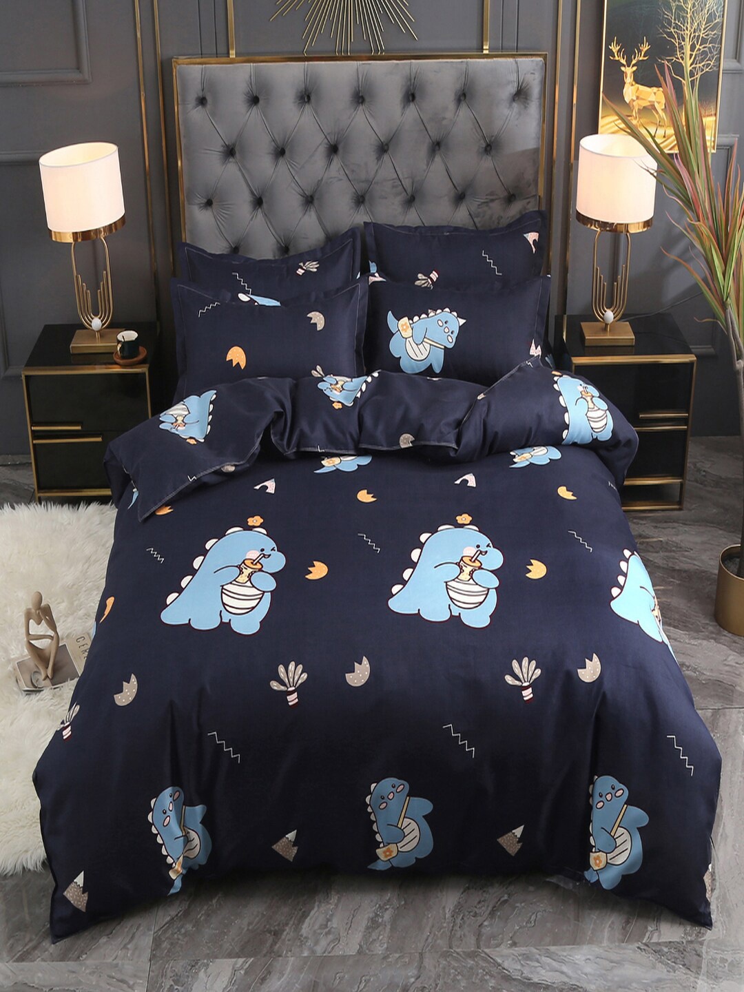 

JC HOME Black & Blue Printed Single Bedding Set