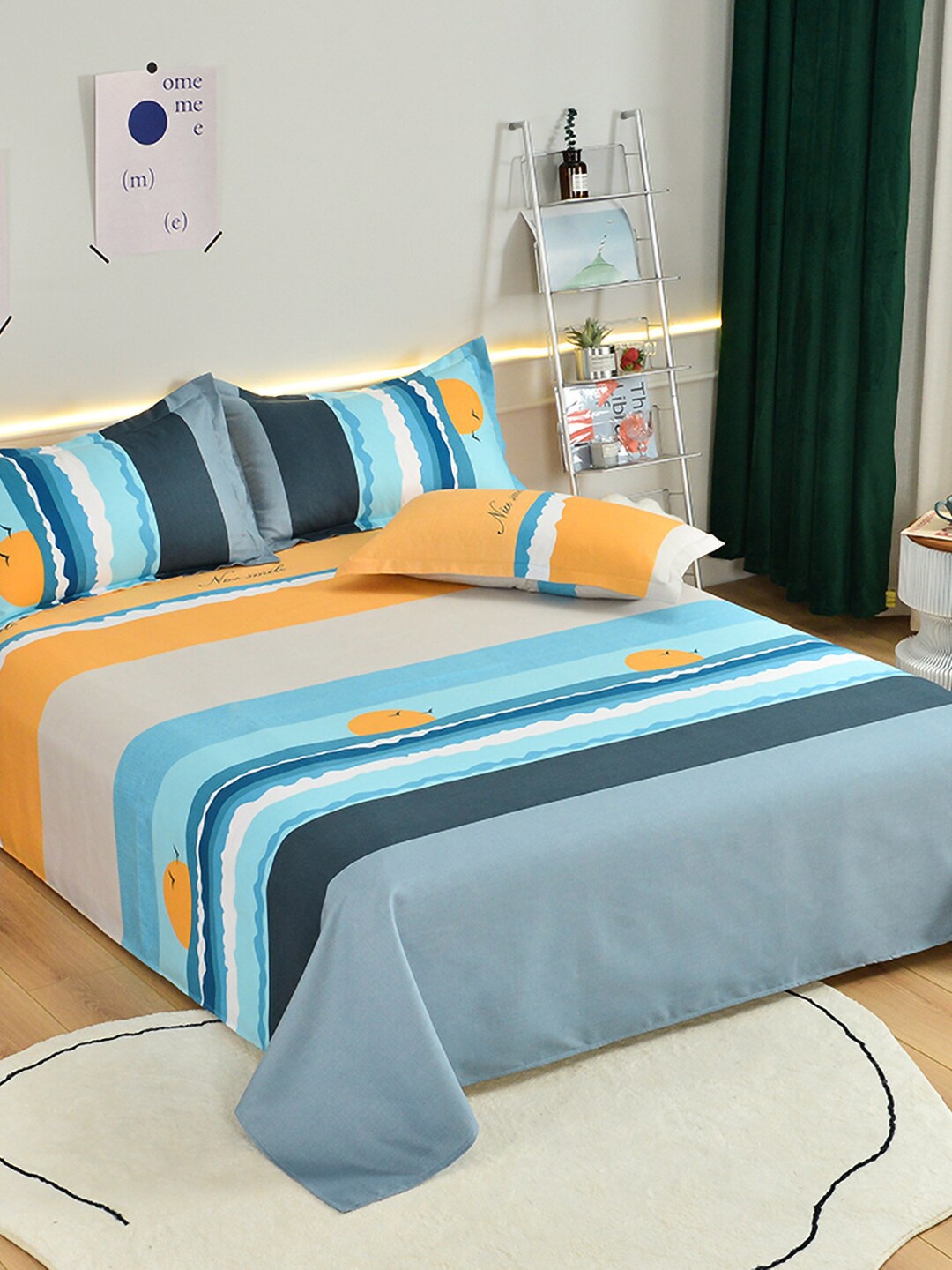 

JC HOME Blue & Orange-Colored Printed Double King Bedding Set