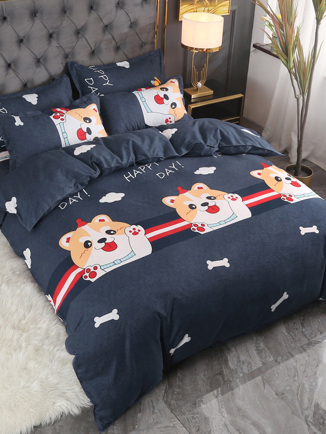 

JC HOME Navy Blue & White Printed Double Queen Bedding Set