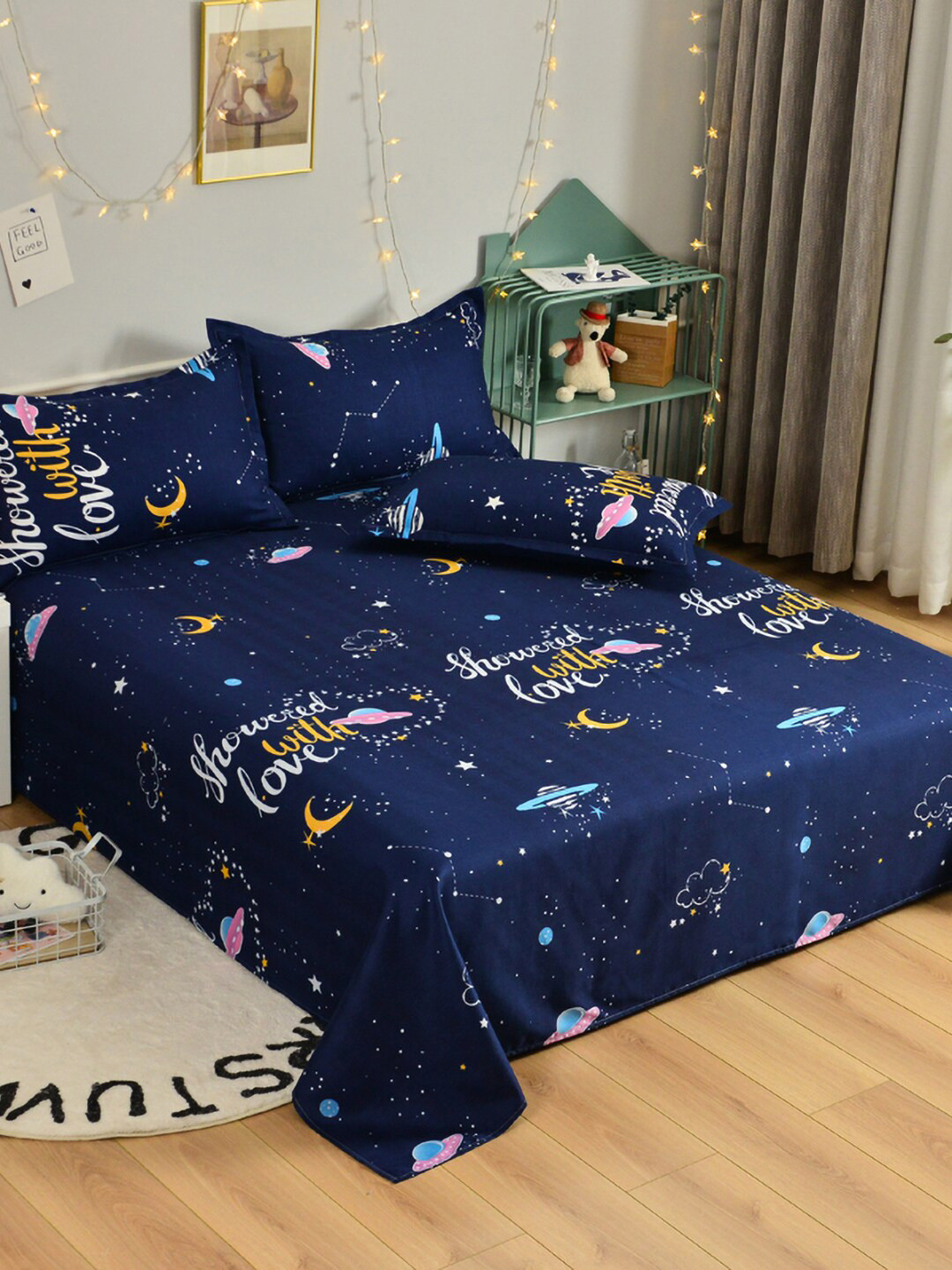 

JC HOME Navy Blue Printed Double King Bedding Set