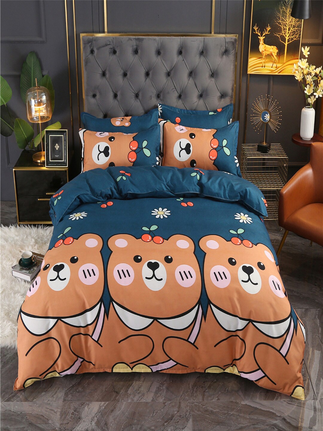 

JC HOME Brown & Blue Printed Double Queen Bedding Set