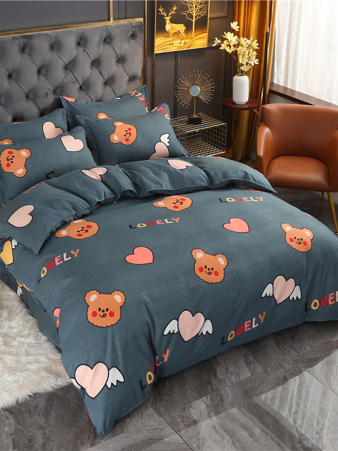 

JC HOME Blue Printed Double Queen Bedding Set