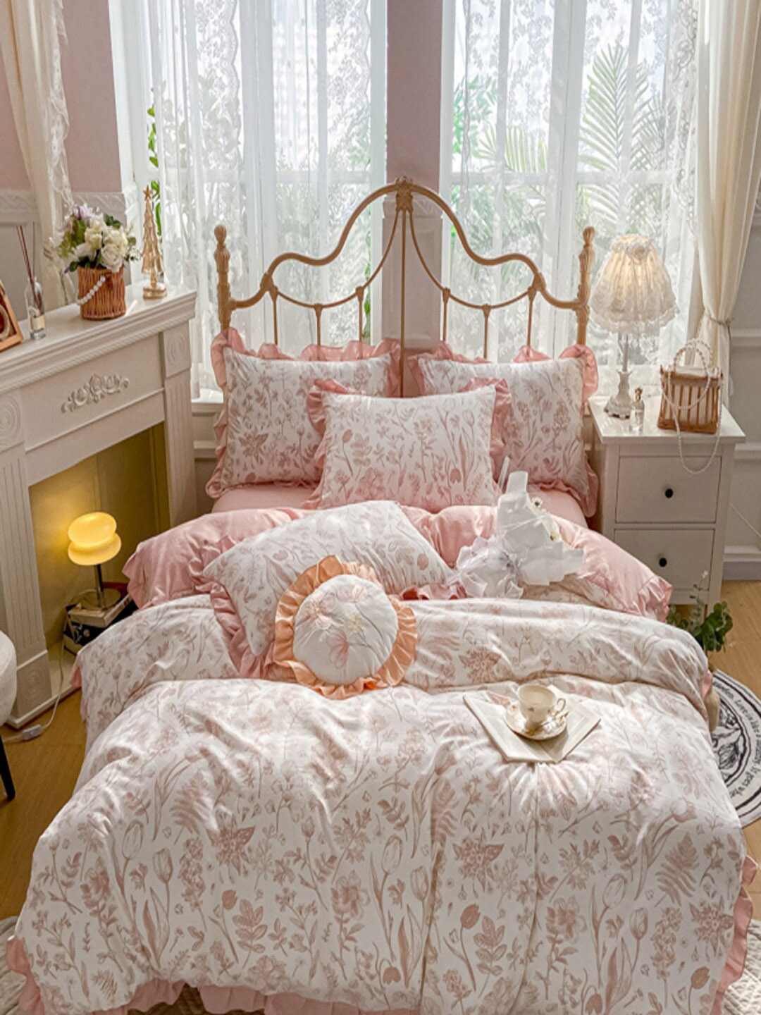 

JC HOME Pink & White 4 Pieces Printed Single Bedding Set