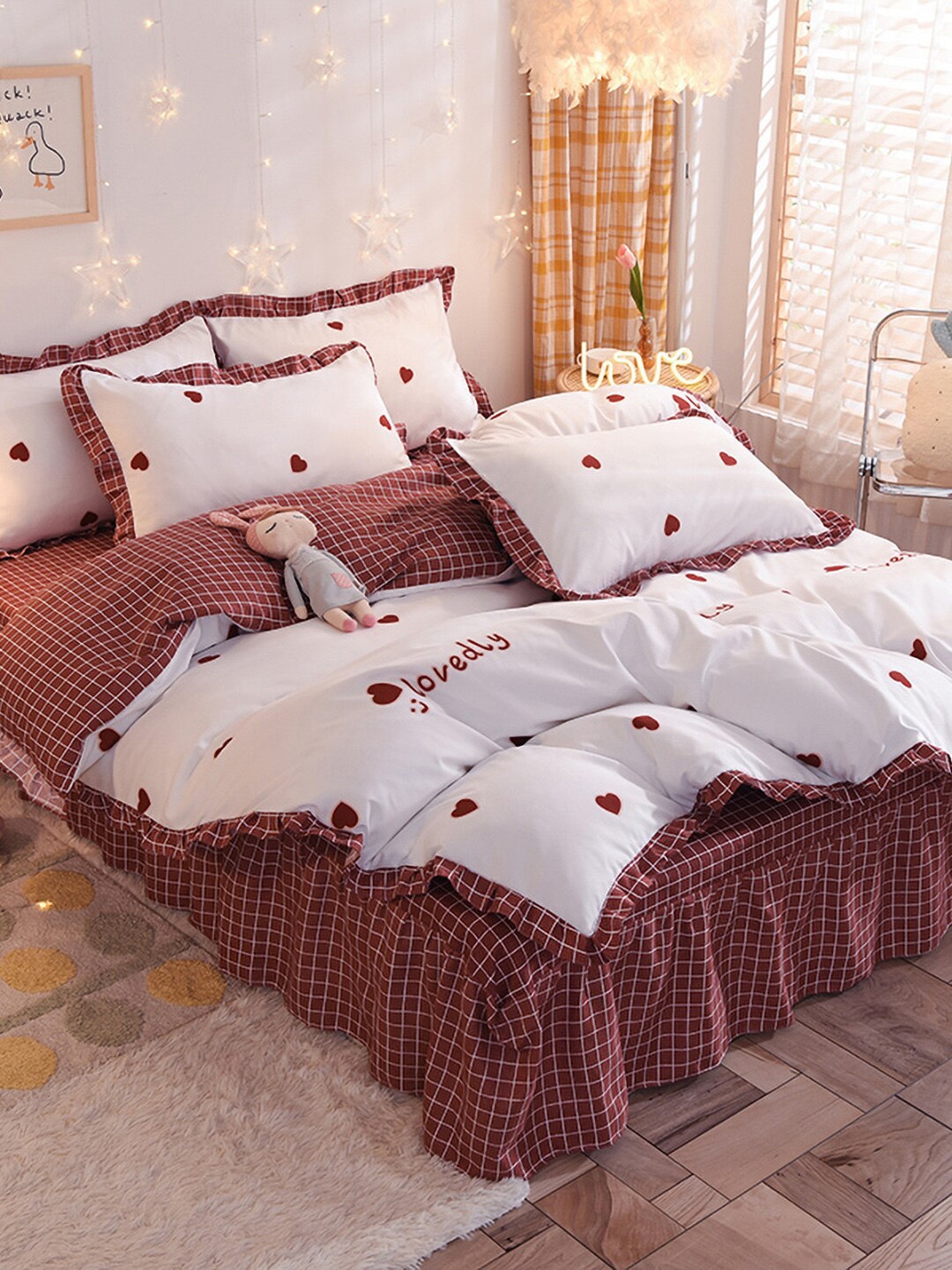 

JC HOME Red White Printed Double Queen Bedding Set