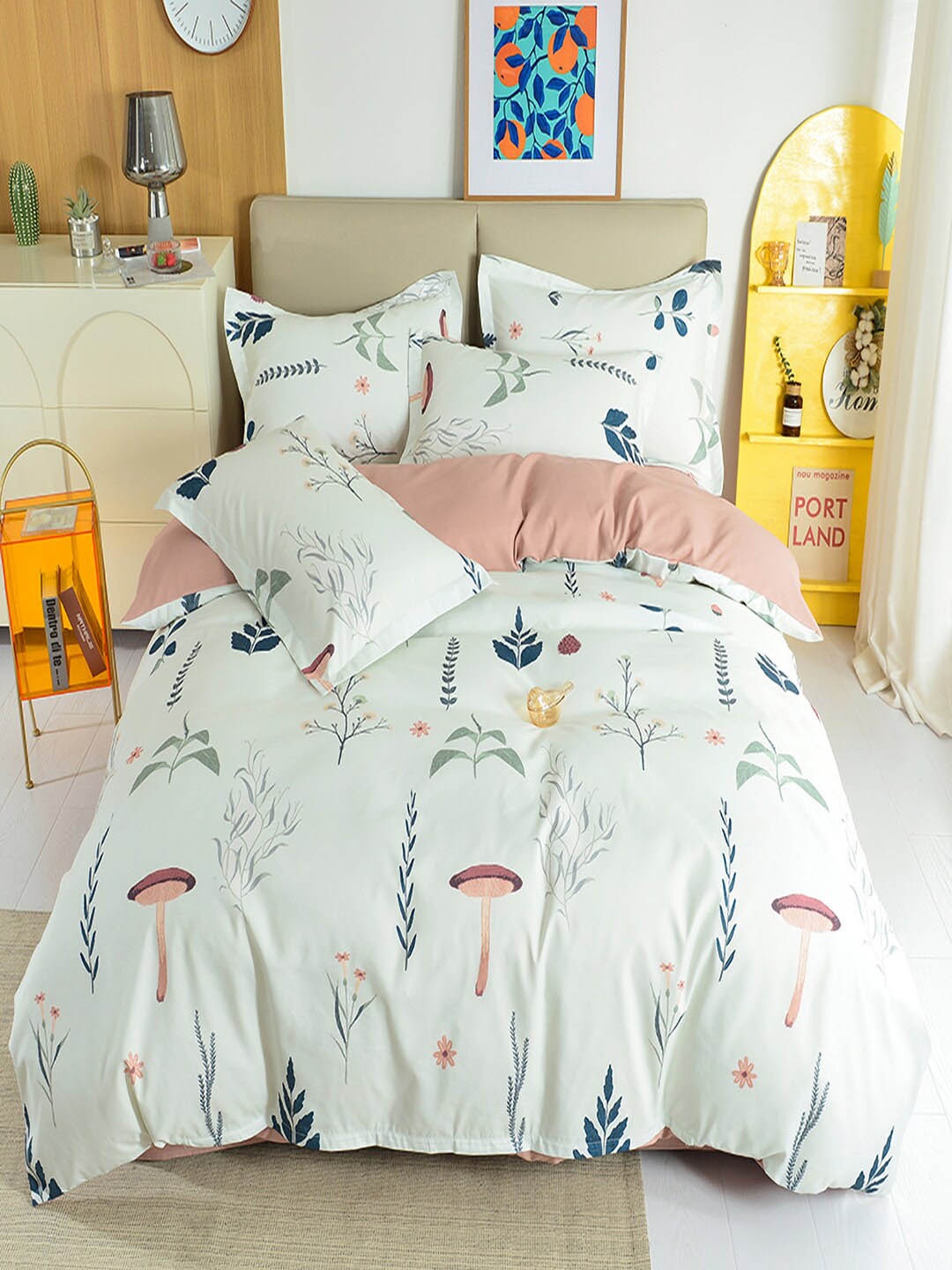 

JC Collection Pink & White Floral Printed Double King Bedding Set