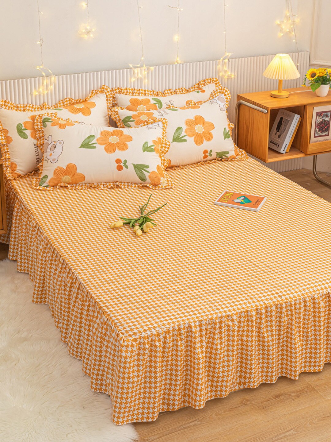 

JC HOME Orange-Coloured White Floral Printed Double Queen Bedding Set