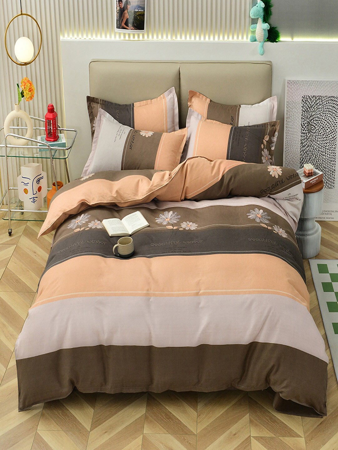 

JC CollectionCoffee Brown & Peach-Coloured Printed Single Bedding Set, Coffee brown