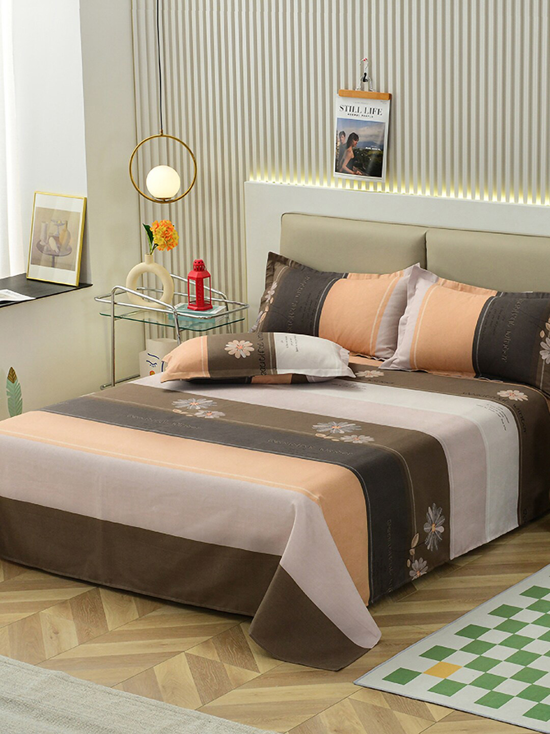 

JC HOME Coffee Brown & Pink Printed Double Queen Bedding Set