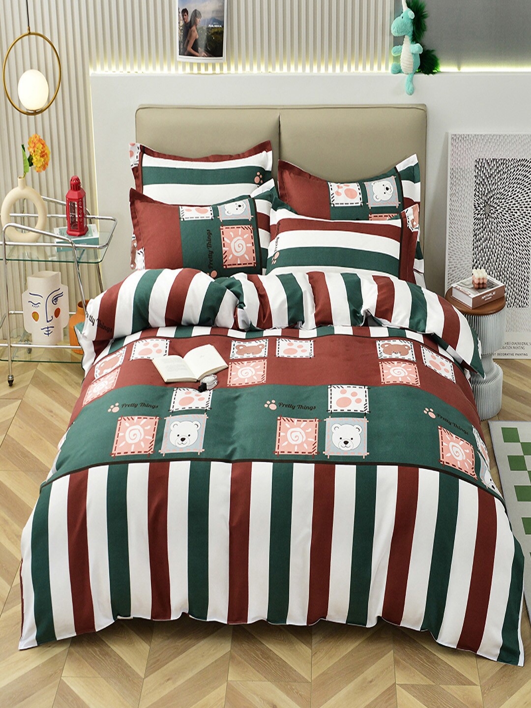 

JC Collection Green & White Printed Double XL Bedding Set