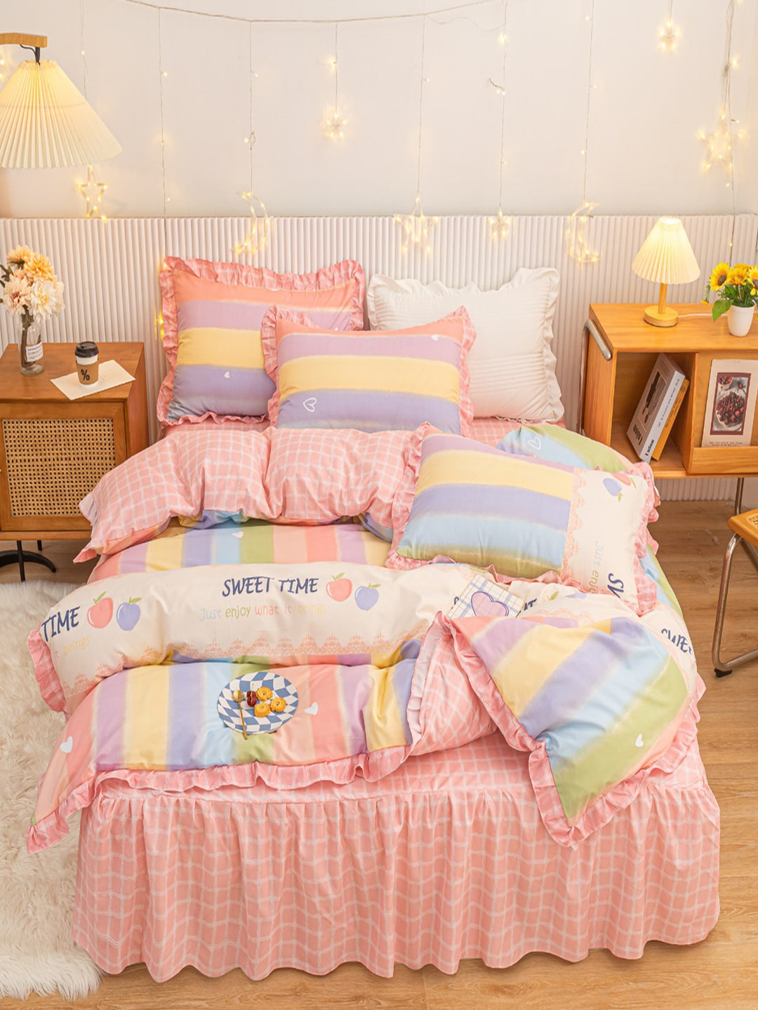 

JC HOME Pink & White Checked Double Queen Bedding Set