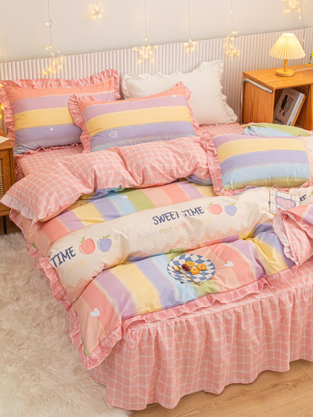

JC HOME Pink & Yellow Printed Double King Bedding Set
