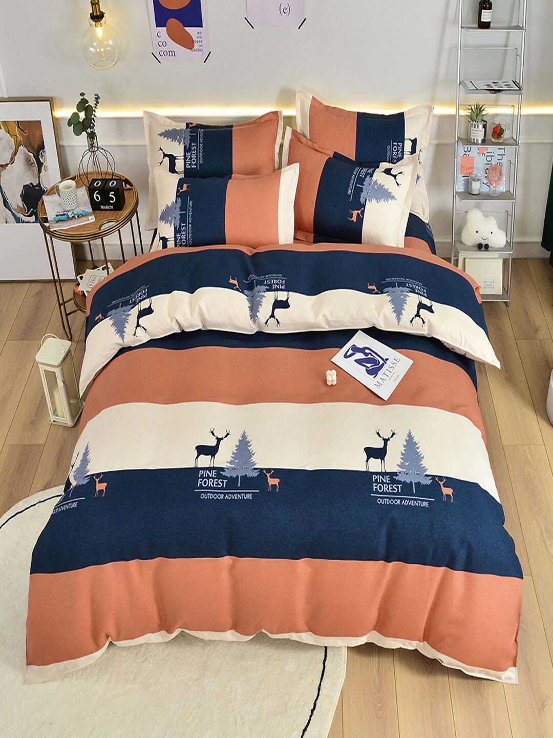 

JC HOME Navy Blue & Peach Printed Double Queen Bedding Set