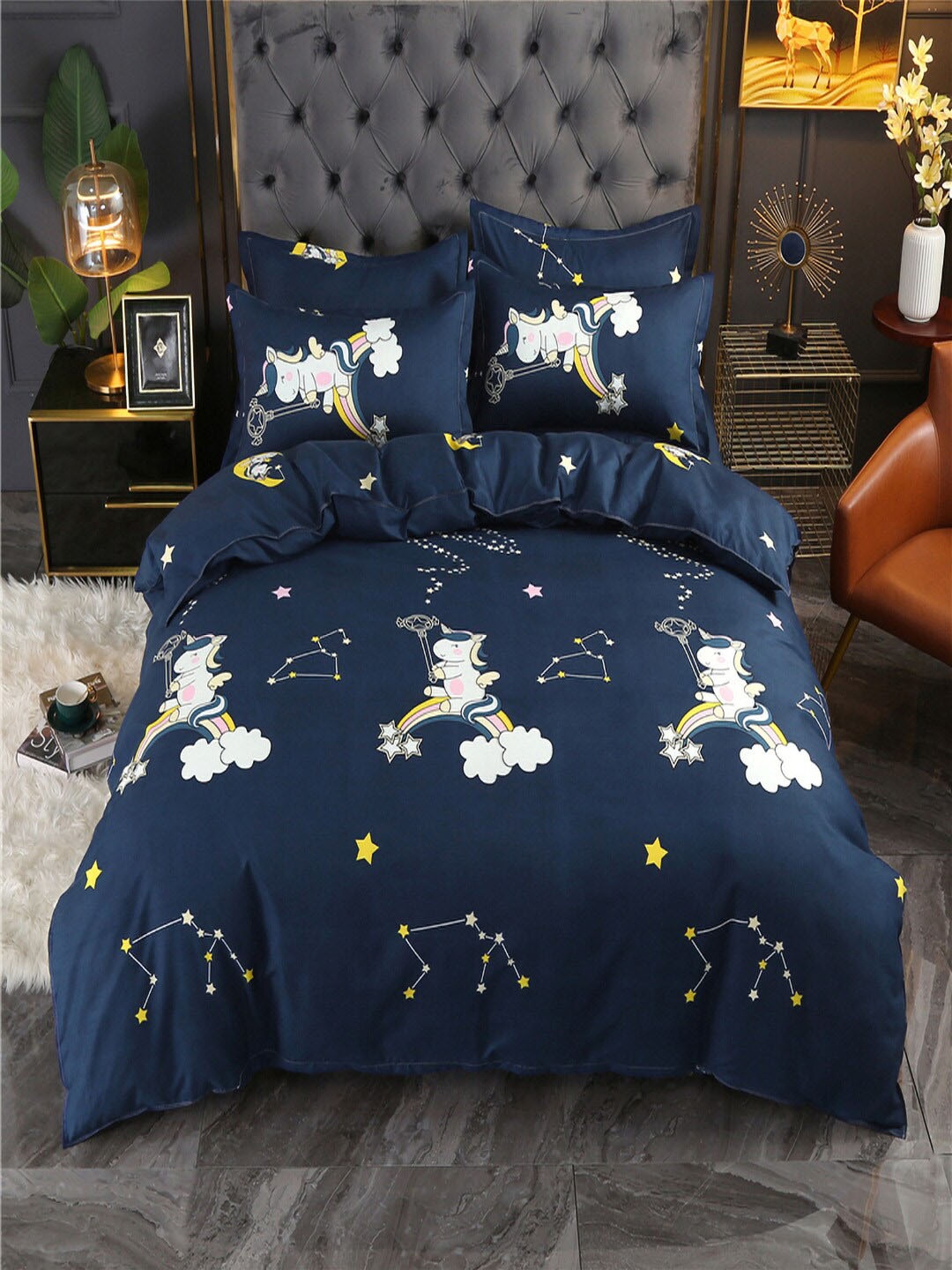 

JC HOME Navy Blue & White Printed Double Queen Bedding Set