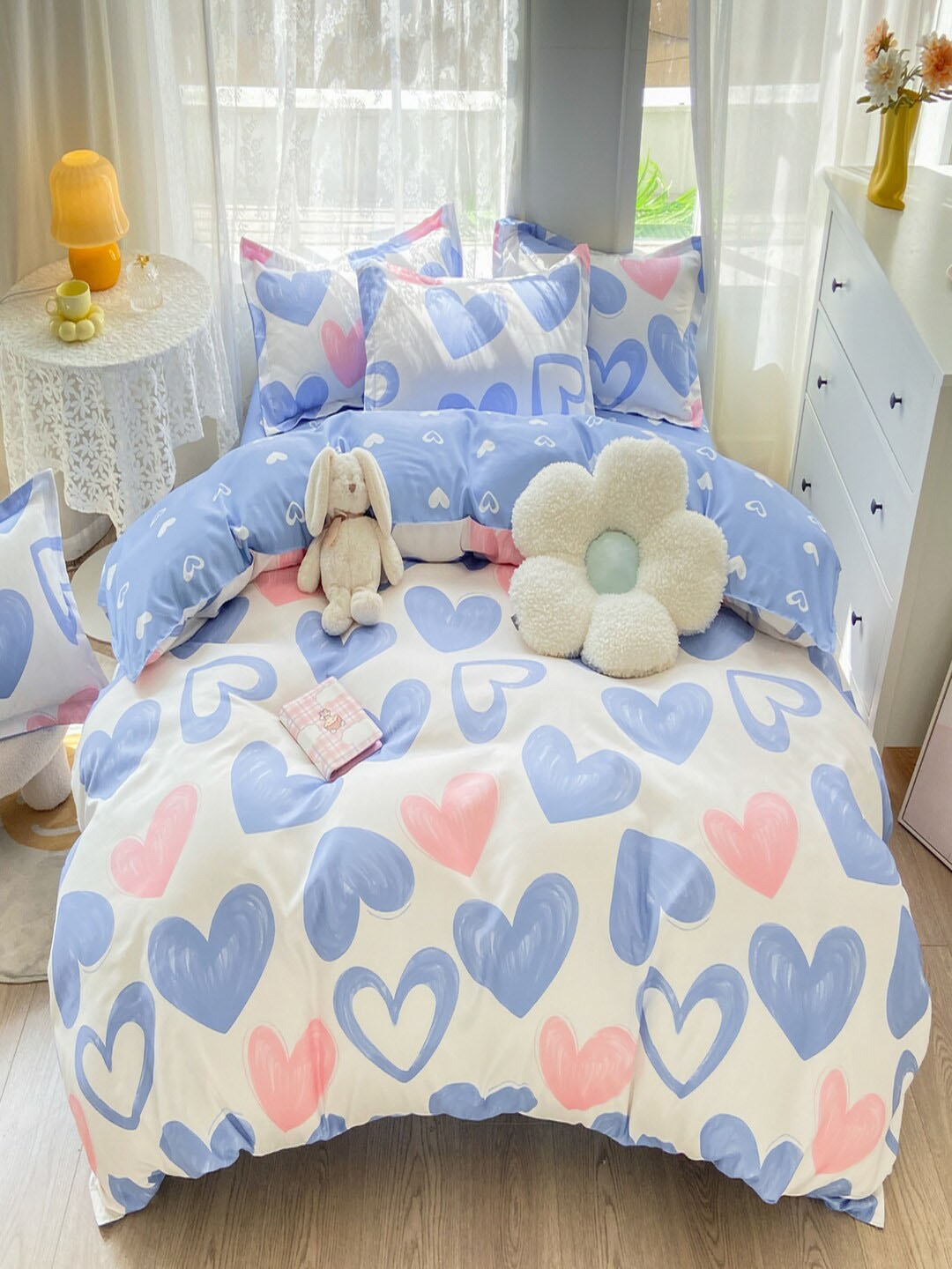 

JC HOME White & Blue Printed Double XL Bedding Set