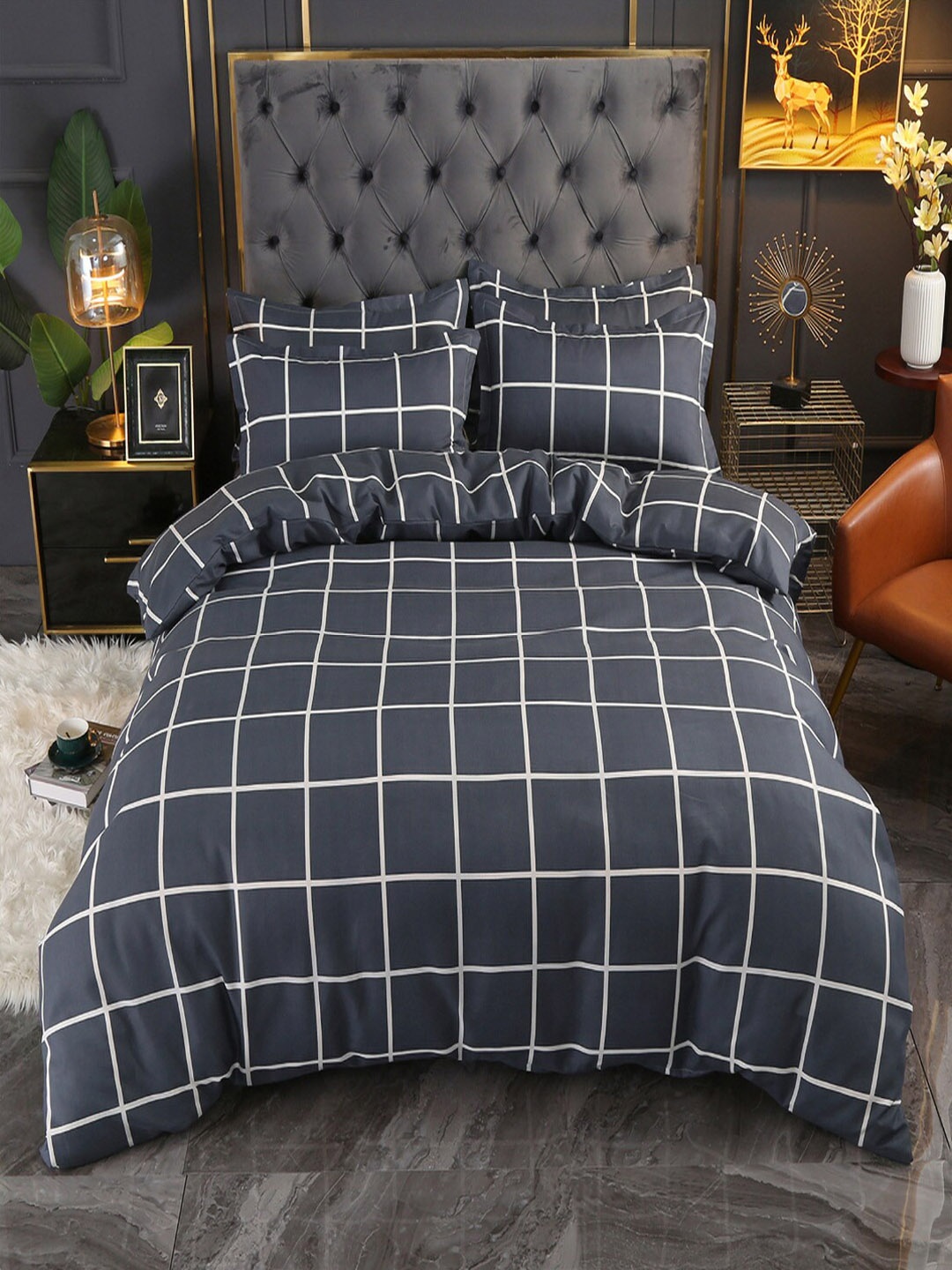 

JC HOME Grey & White Checked Double Queen Bedding Set