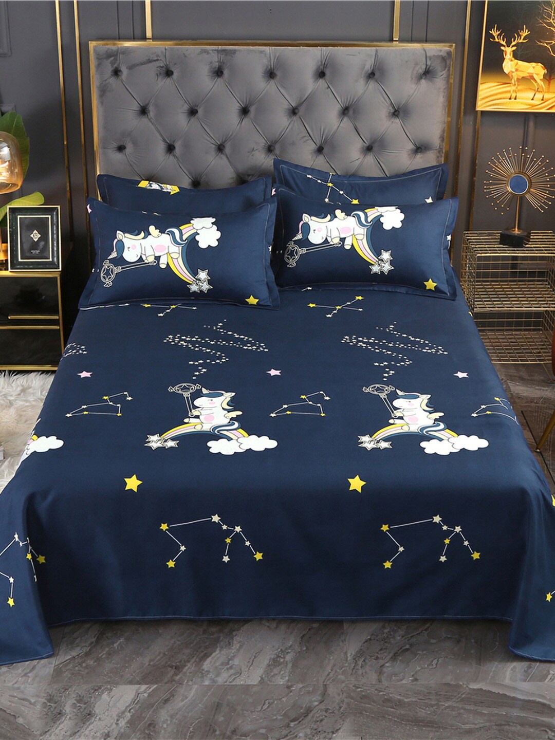 

JC Collection Navy Blue & White Printed Double King Bedding Set