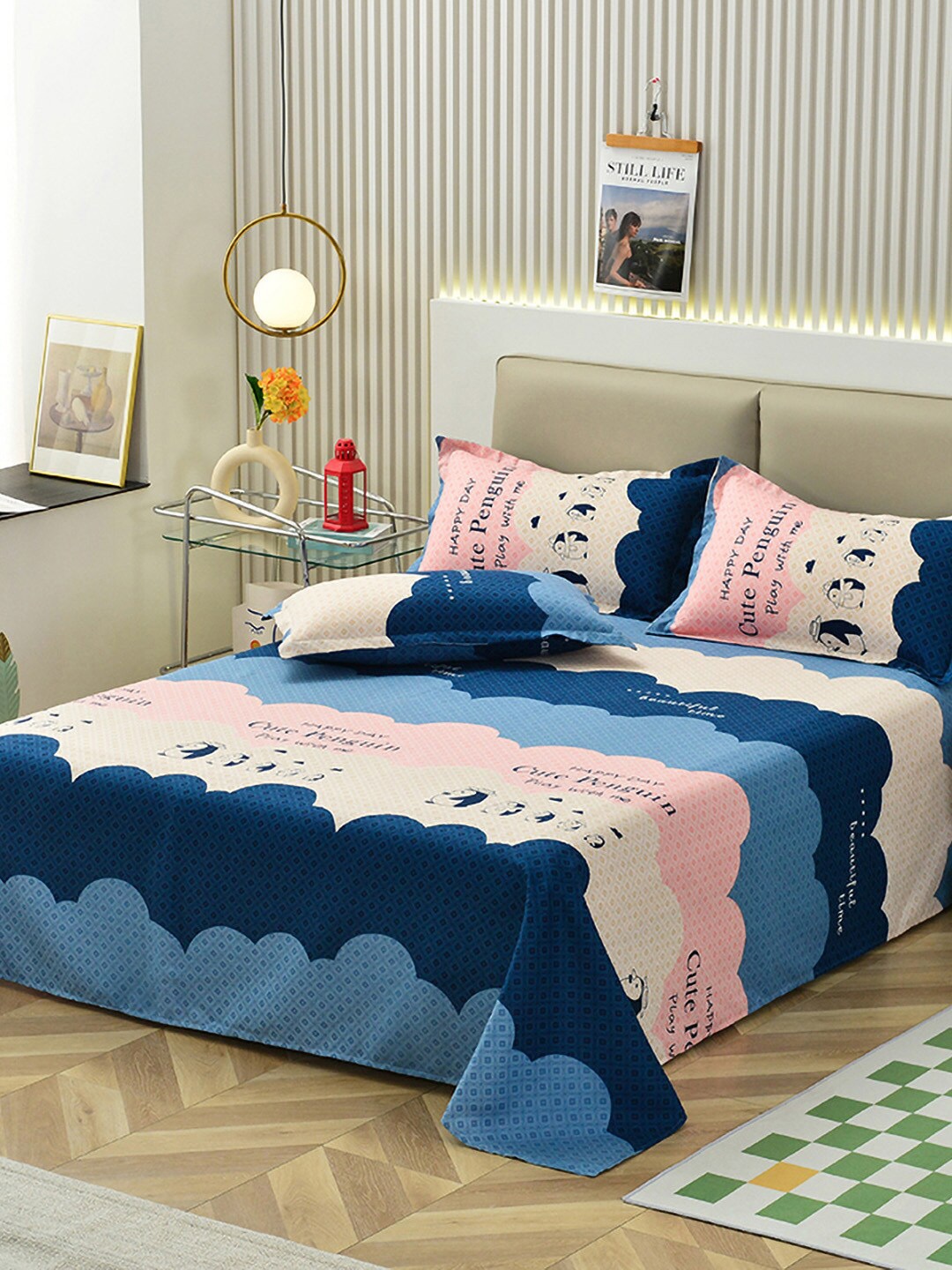 

JC HOME Blue & Pink Printed Double XL Bedding Set