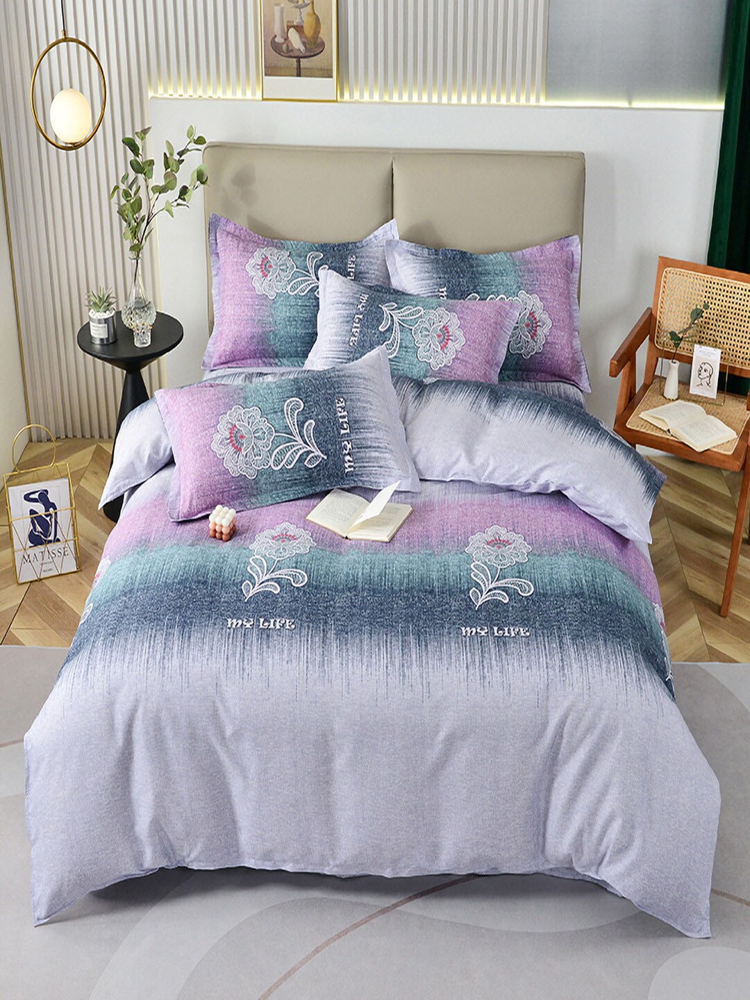 

JC Collection Grey & Lavender Floral Printed Double Queen Bedding Set