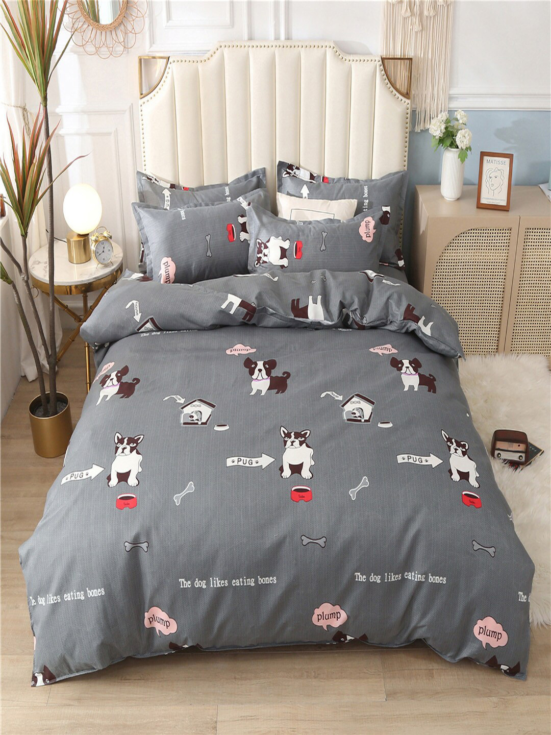 

JC HOME Grey & White Printed Double King Bedding Set