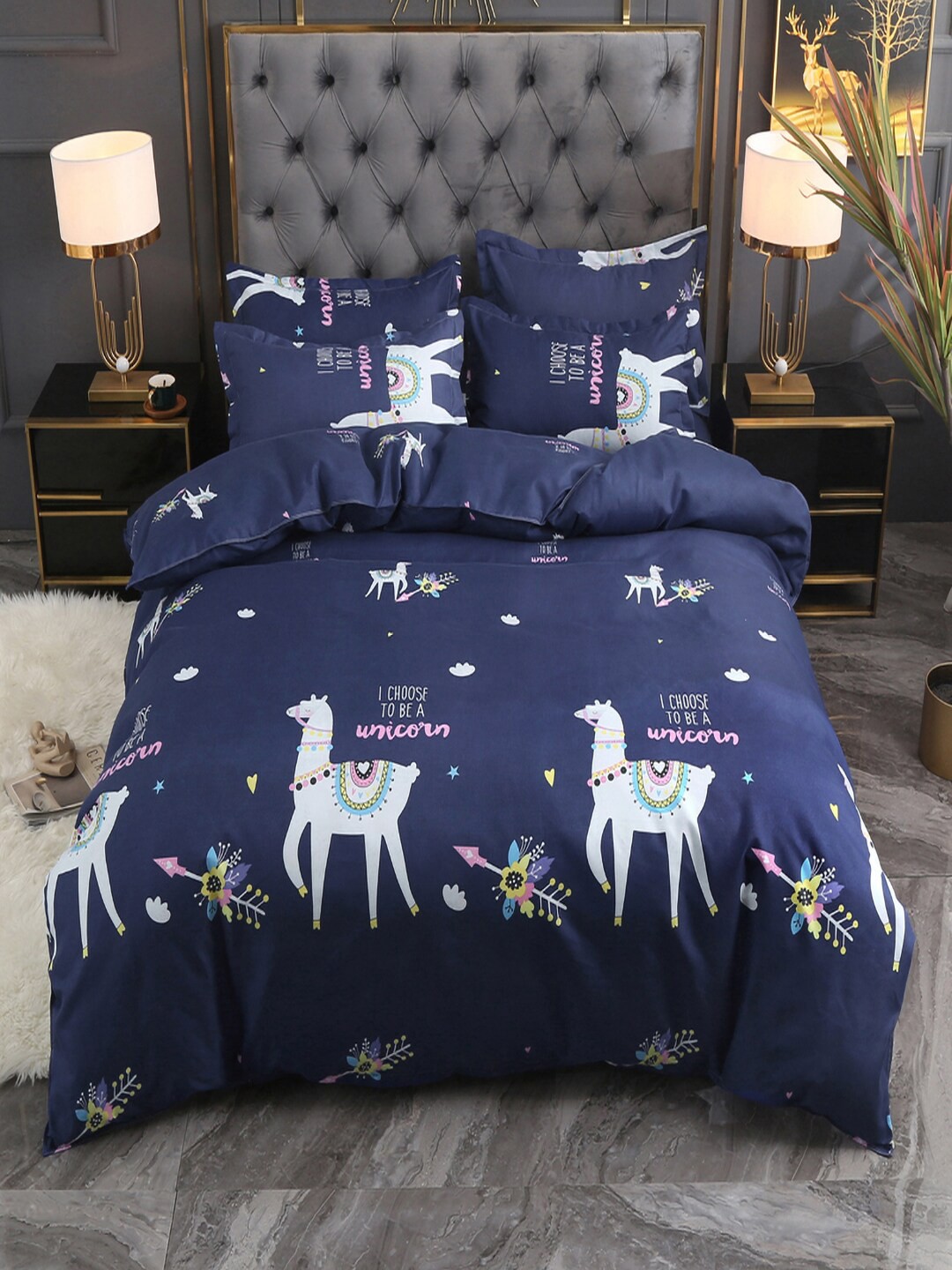 

JC Collection Navy Blue & White Printed Double Queen Bedding Set