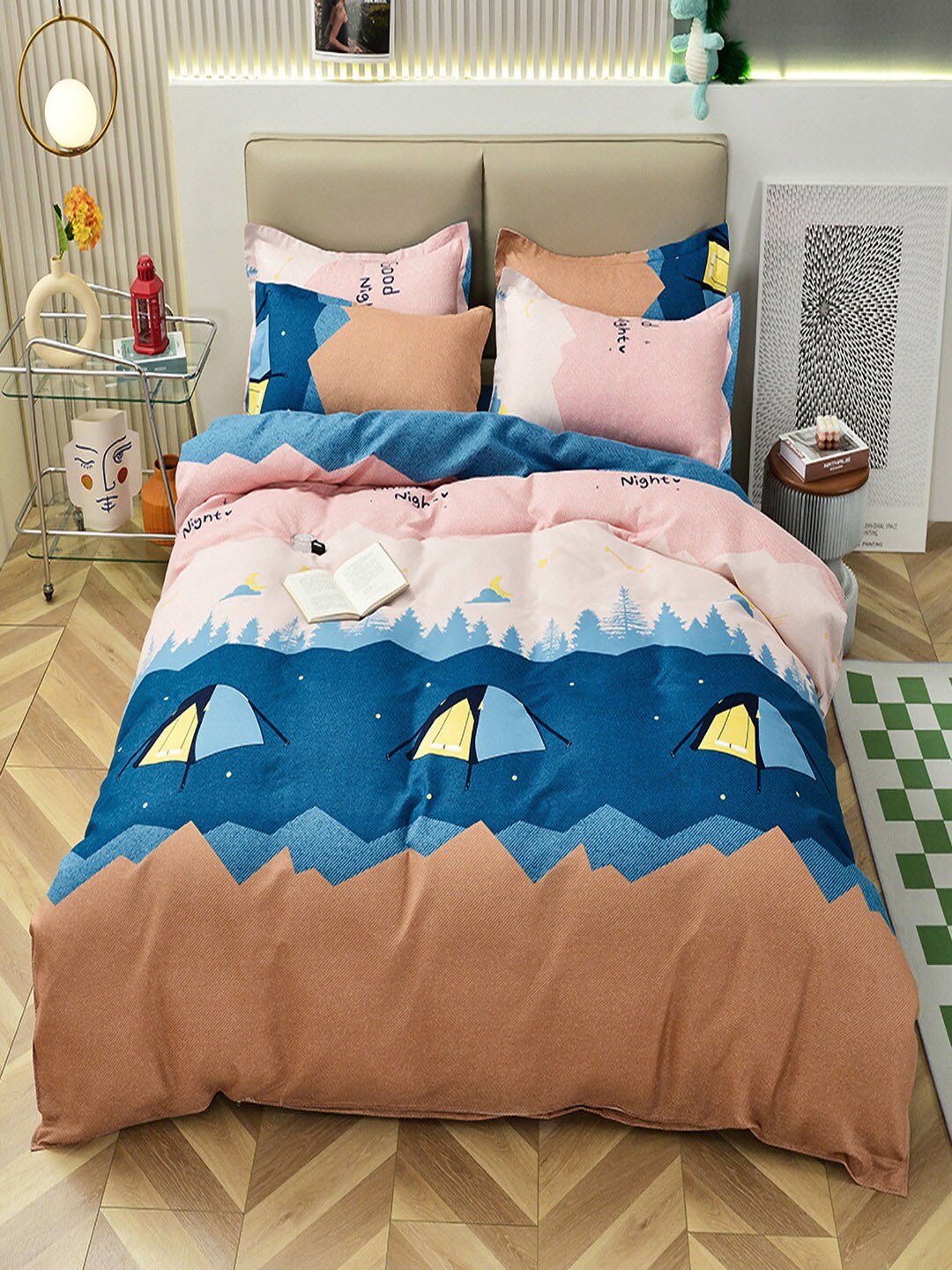 

JC HOME Blue & Pink Printed Double XL Bedding Set