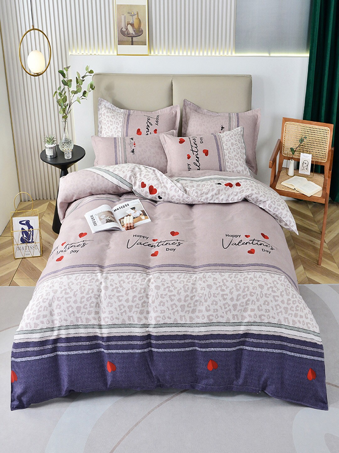 

JC HOME Beige & Purple Conversational Printed Double Queen Bedding Set
