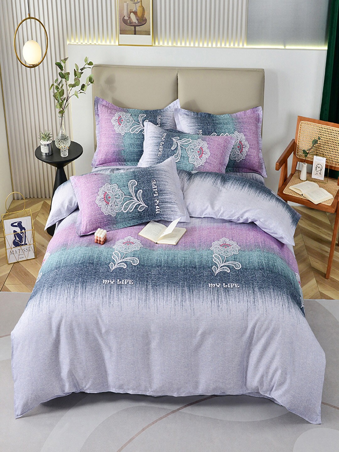 

JC Collection Grey & Lavender Floral Printed Double XL Bedding Set