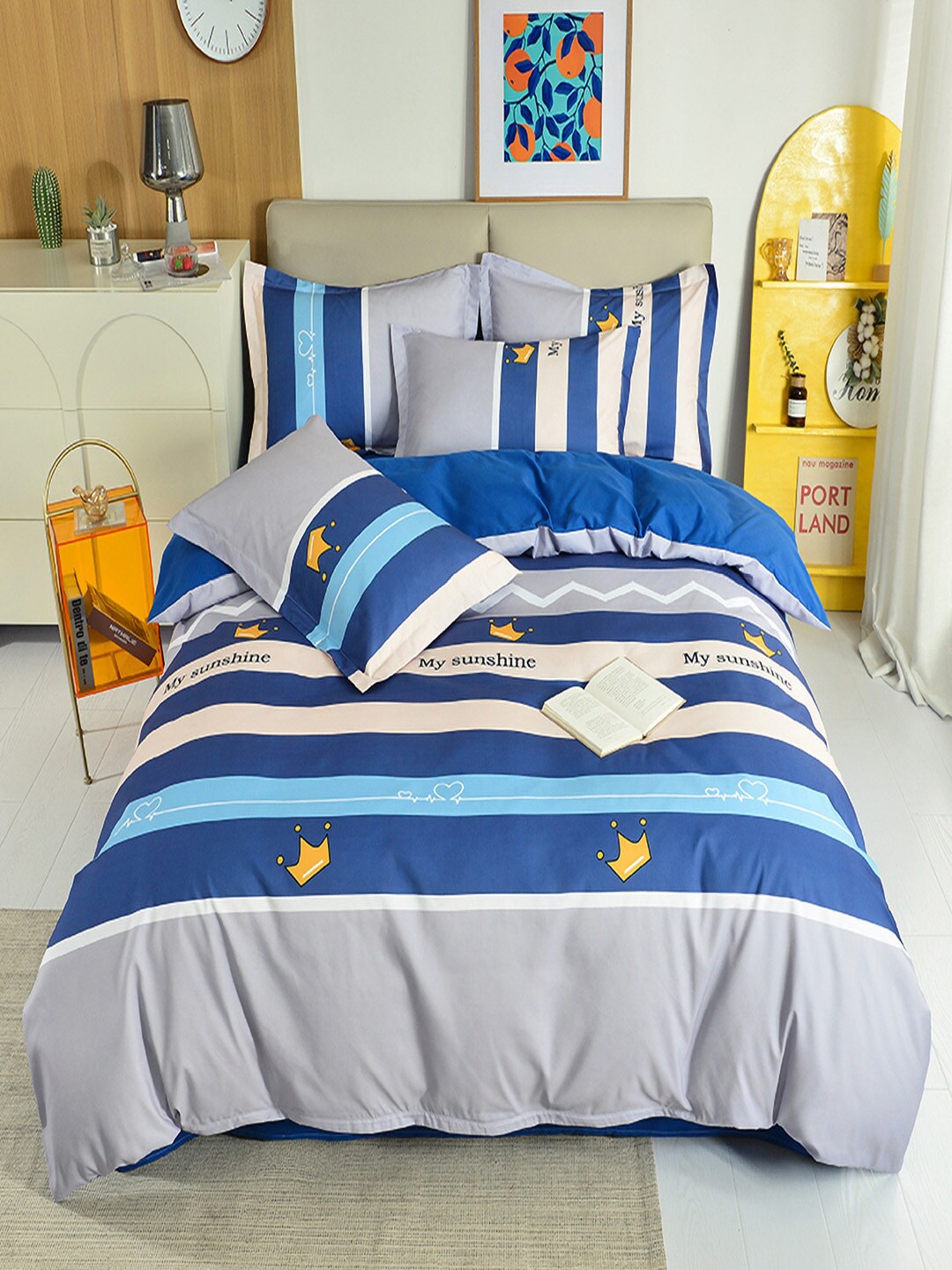 

JC Collection White & Blue Printed Double Queen Bedding Set
