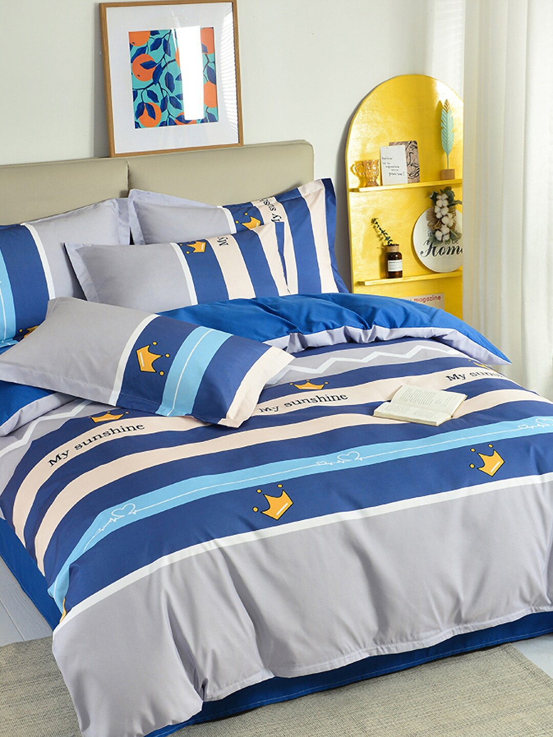 

JC Collection Blue & Grey Printed Double King Bedding Set