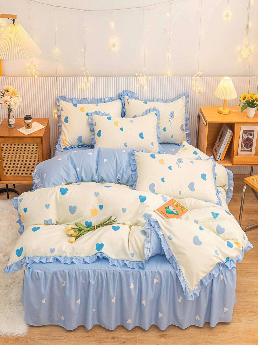 

JC HOME Blue & White Printed Double King Bedding Set