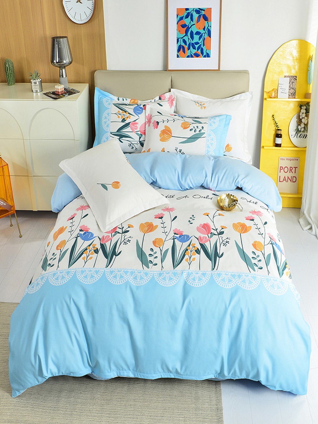 

JC Collection Blue & White Floral Printed Double King Bedding Set