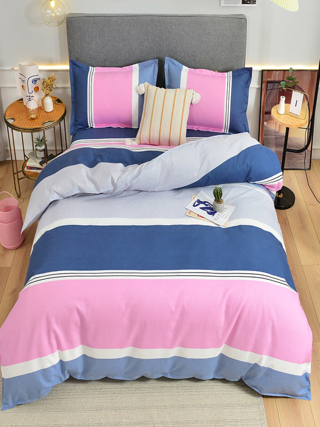 

JC HOME Pink & Blue Striped Double Queen Bedding Set