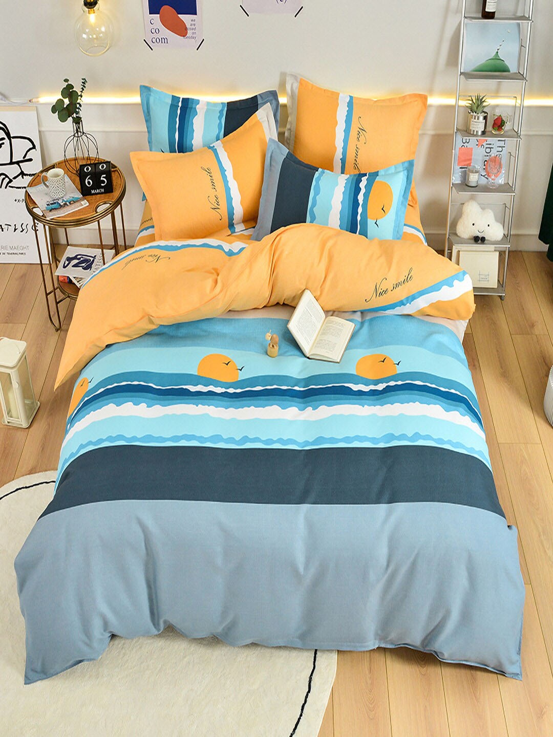 

JC Collection Yellow & Blue Printed Single Bedding Set