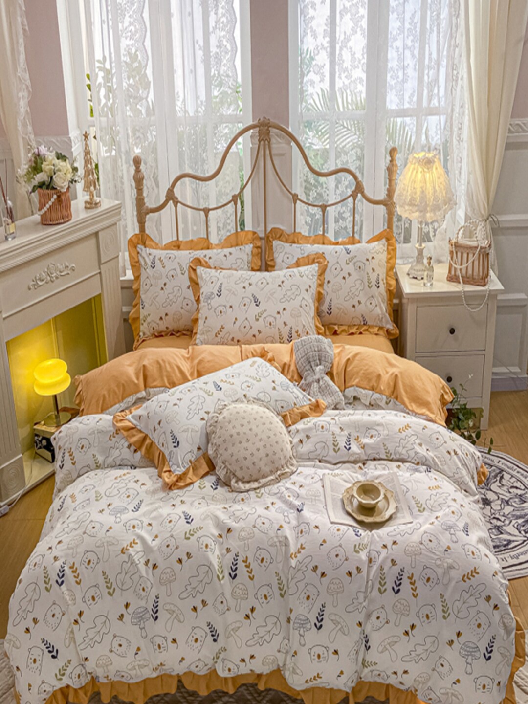 

JC HOME Orange Colored White Printed Double King Bedding Set