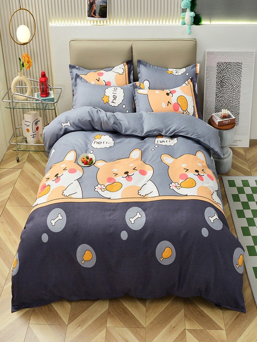

JC HOME Grey & Blue Printed Double Queen Bedding Set