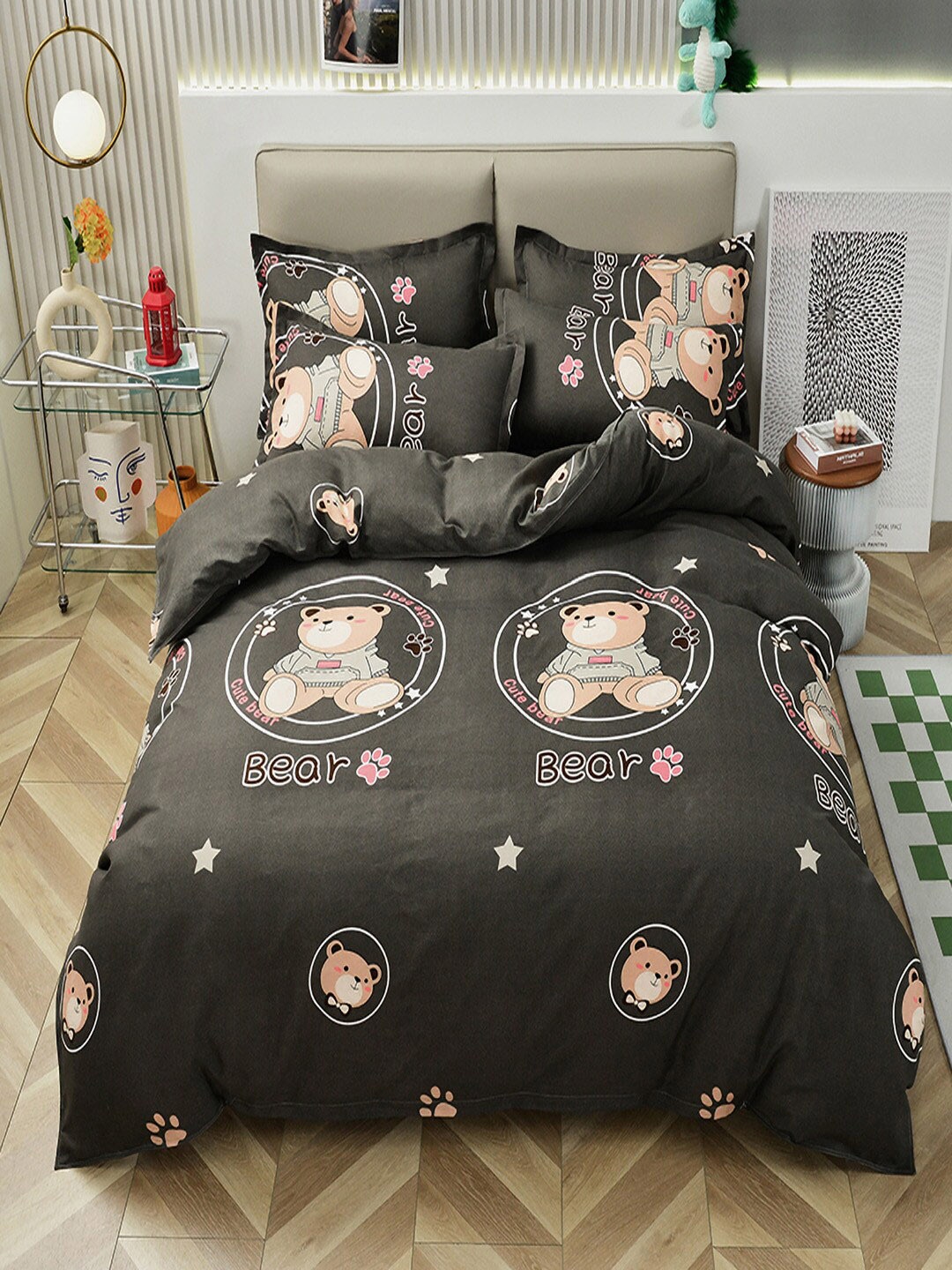 

JC HOME Black Printed Double Queen Bedding Set