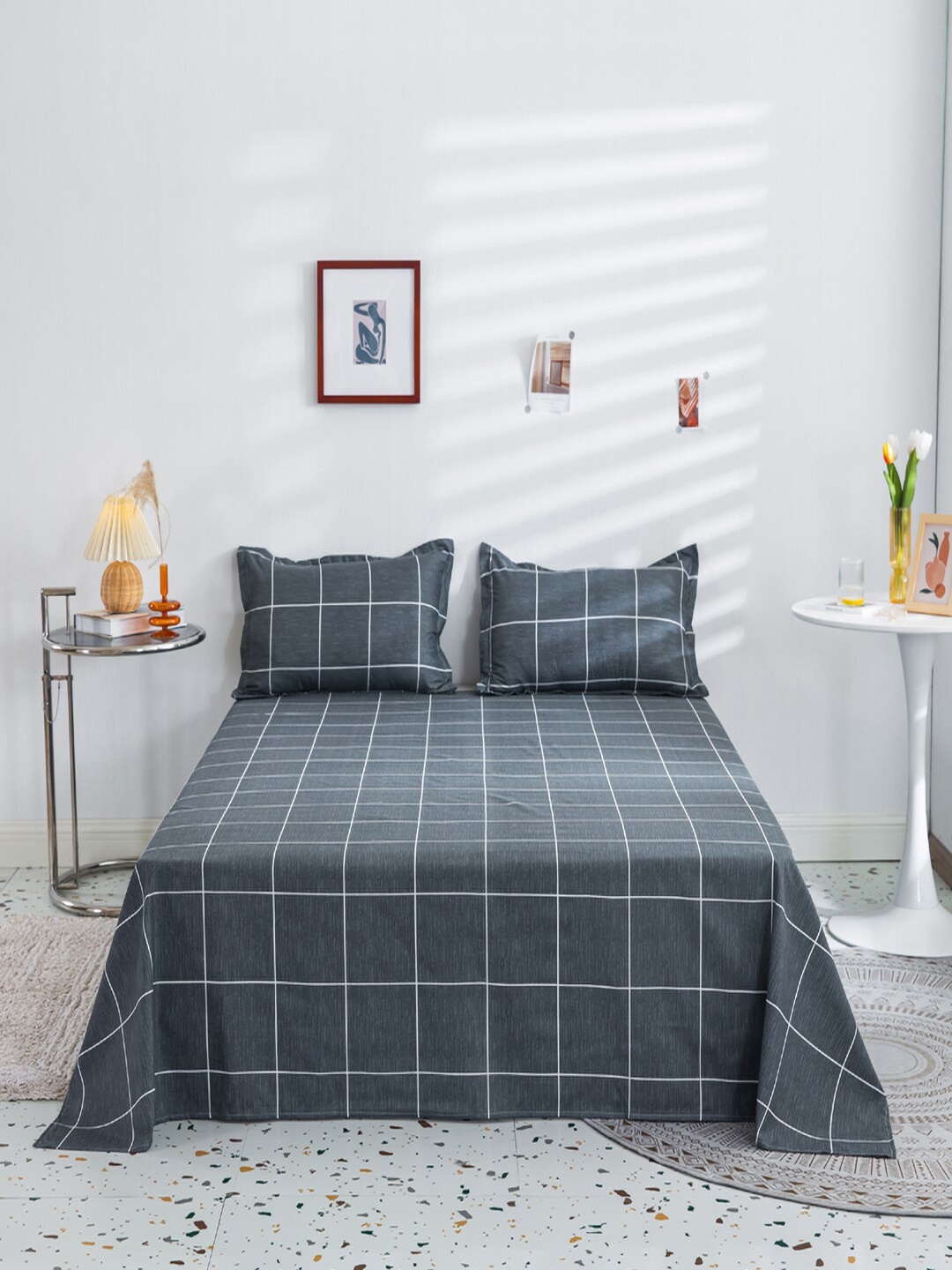 

JC HOME Grey Checked Single Bedding Set