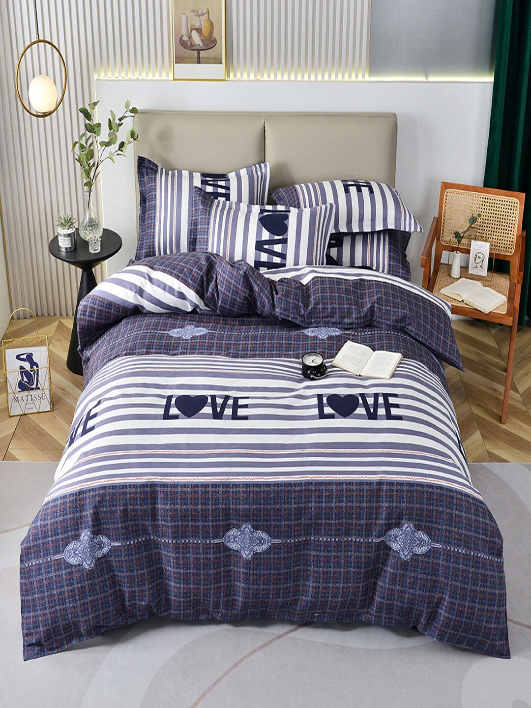 

JC HOME Blue & White Printed Double XL Bedding Set