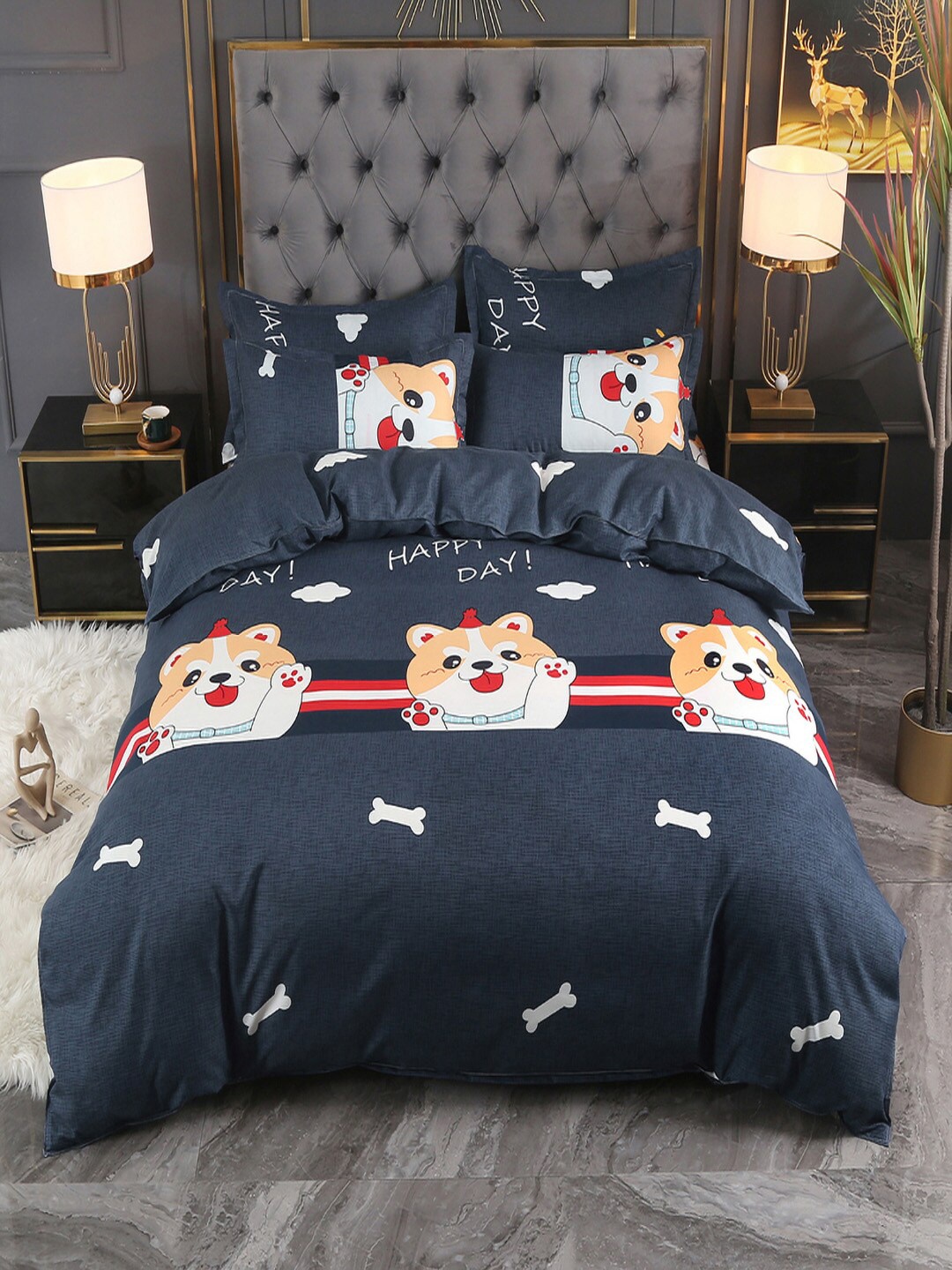 

JC Collection White & Navy Blue Printed Single Bedding Set