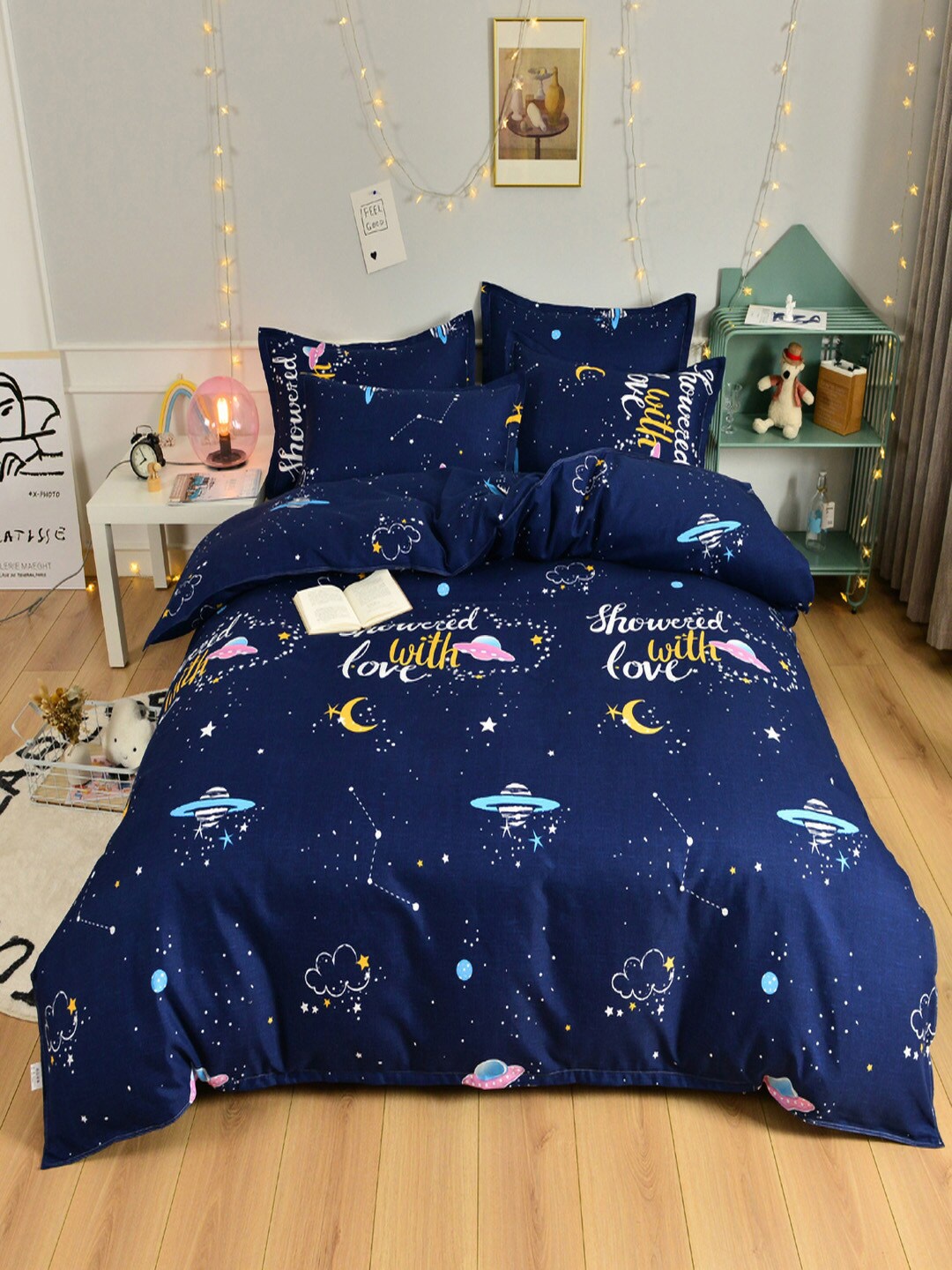 

JC HOME Navy Blue & White Printed Double Queen Bedding Set